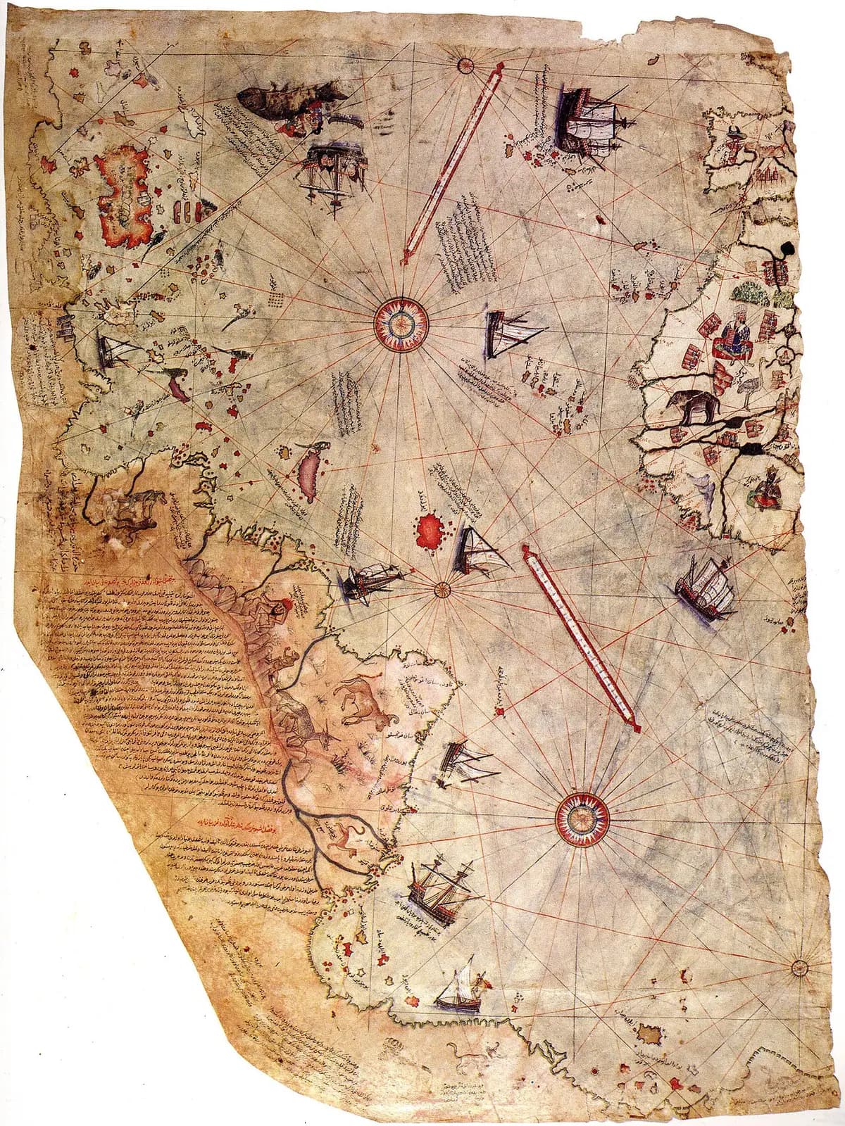 Surviving fragment of Piri Reis’s 1513 chart, original in the Topkapi Palace collection.