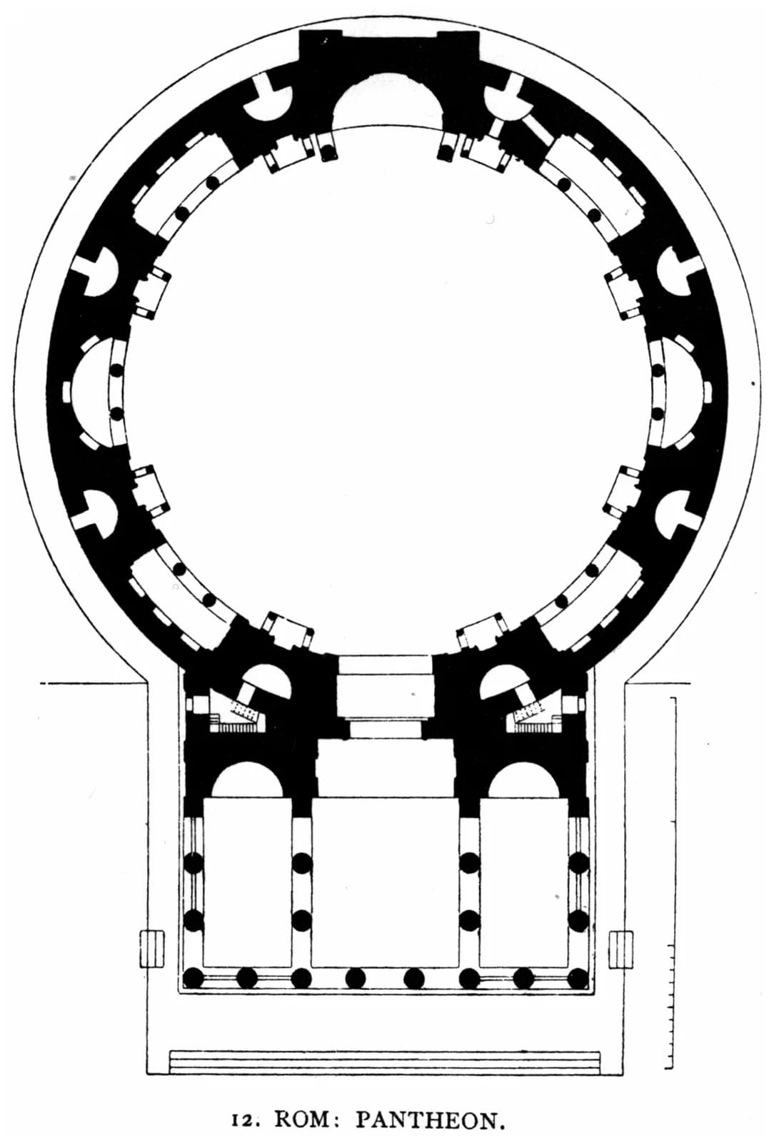 Historical printed floor plan showing the circular Pantheon rotunda and rectangular entrance.