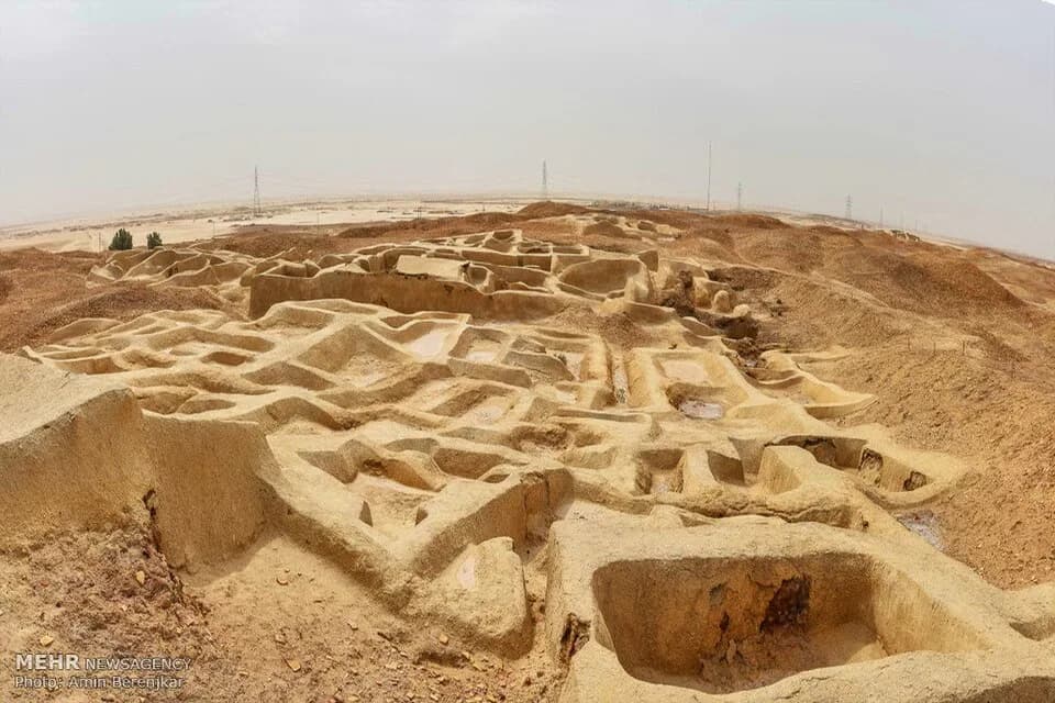 Mudbrick archaeological remains across the desert site of Shahr-i Sokhta.